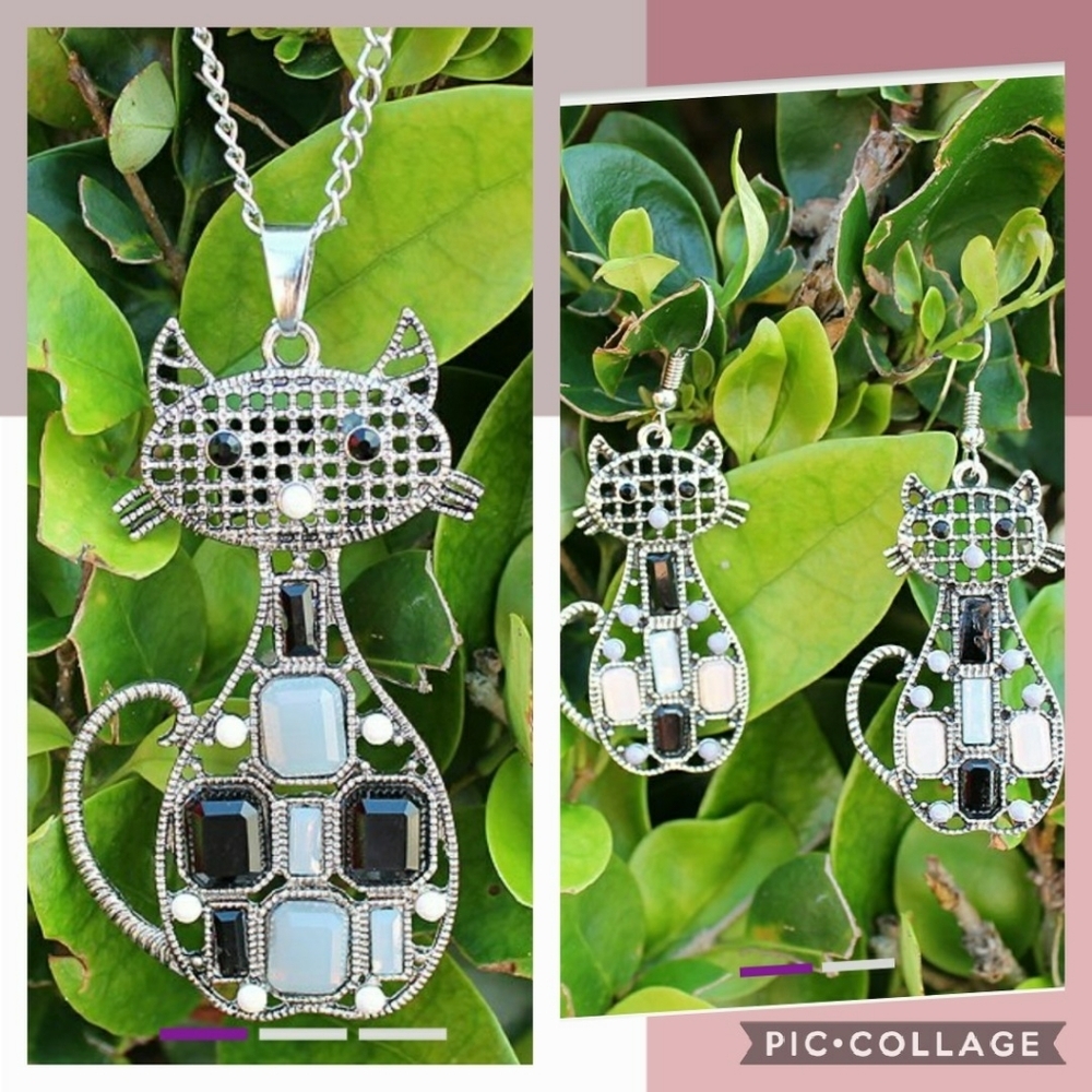 🆕SET Parisian Cat Necklace & Earrings -Silvertone